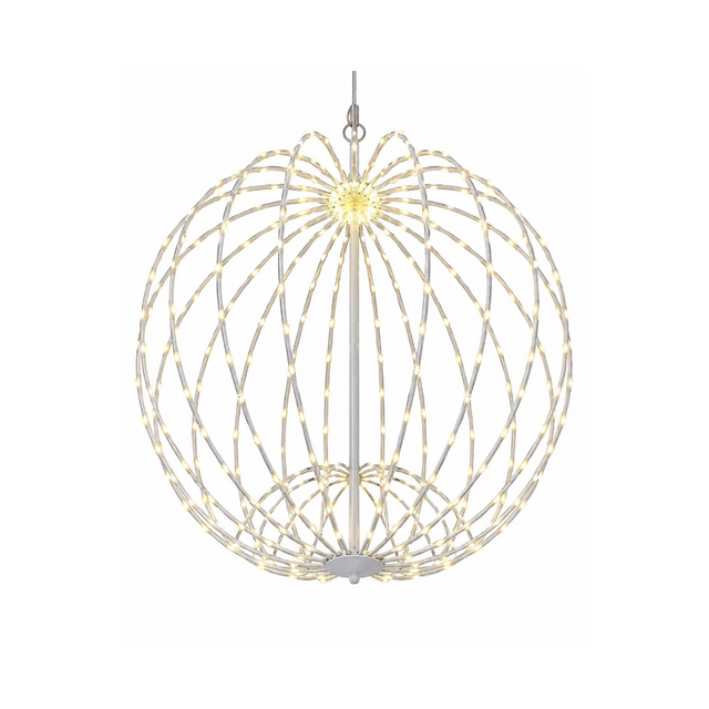Sfera luminosa sospesa con struttura bianca e numerosi micro LED a luce calda
