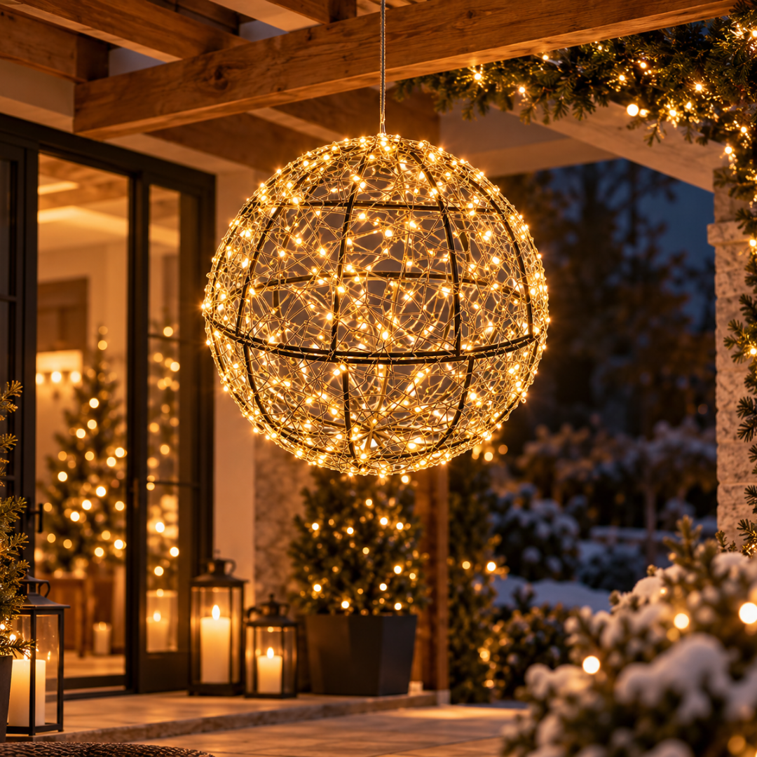 Sfera luminosa sospesa con micro LED a luce calda ambientata all'esterno per Natale