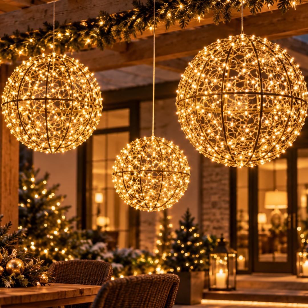 Tre sfere luminose sospese di diverse dimensioni con micro LED a luce calda in ambientazione natalizia