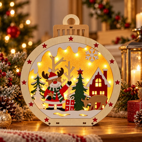 Sfera natalizia luminosa in legno con renna e paesaggio innevato, ambientata tra pigne, luci e decorazioni di Natale