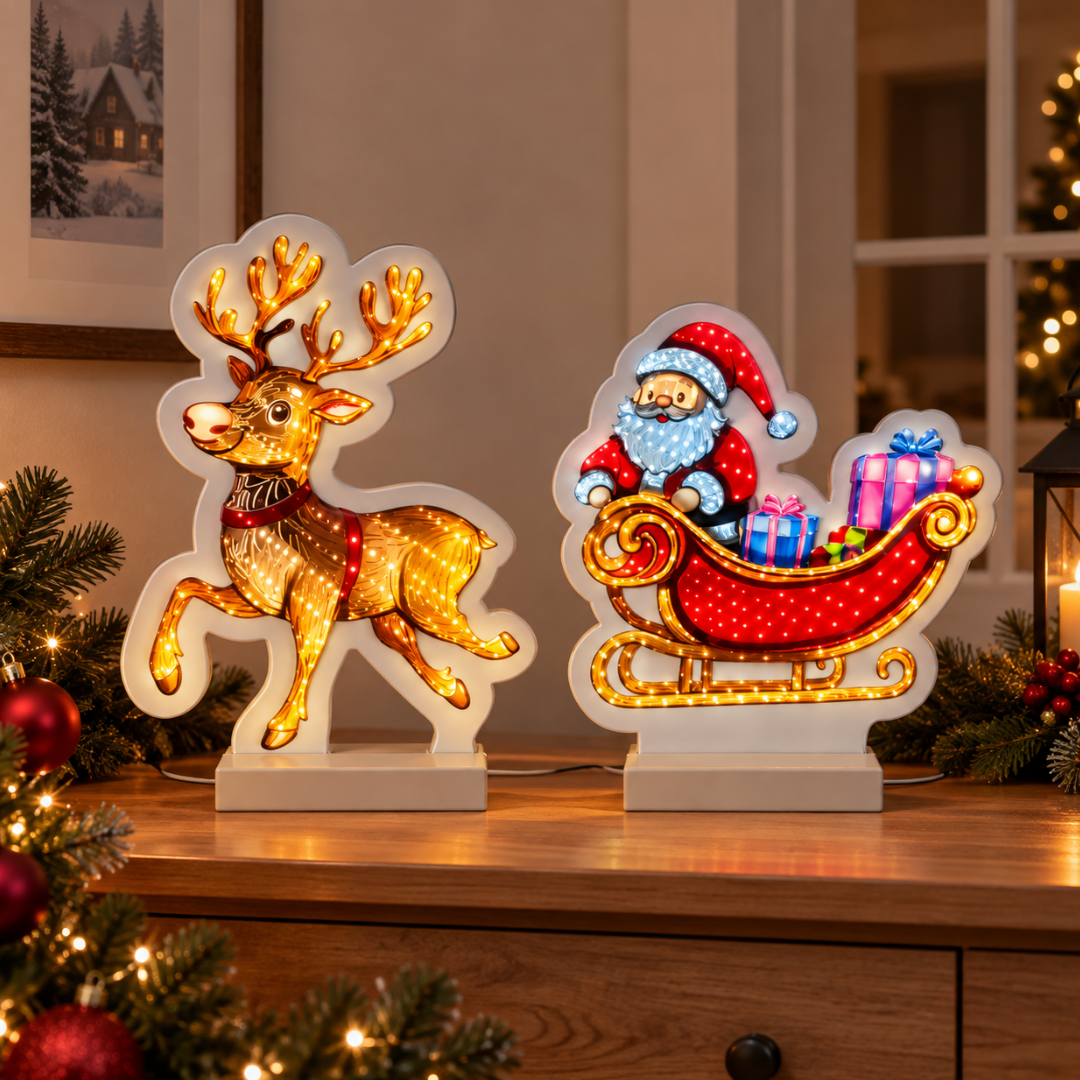 Decorazione luminosa con renna e Babbo Natale sulla slitta, ambientata su un mobile in una casa addobbata per Natale