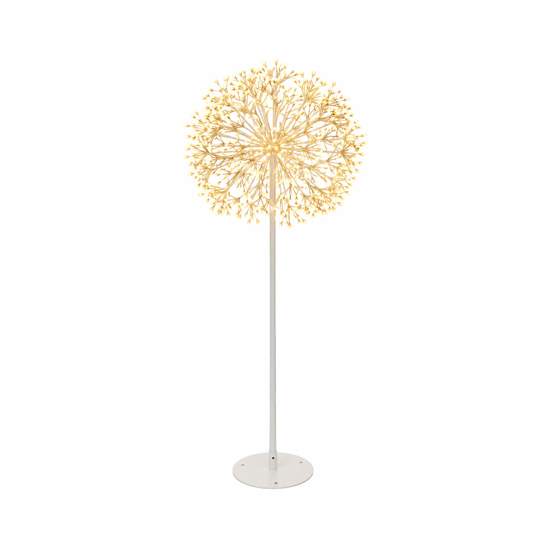 Soffione luminoso bianco su stelo con sfera di micro LED a luce calda e base circolare