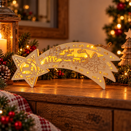 Stella cometa natalizia in legno con luci LED calde e slitta di Babbo Natale, ambientata su un mobile con decorazioni natalizie.