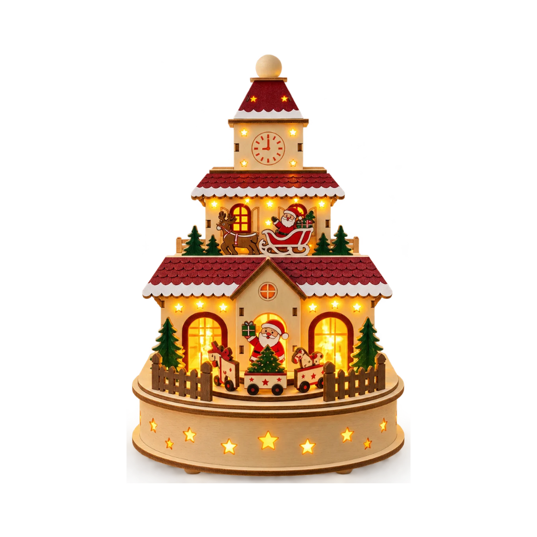Torre natalizia luminosa Garden Team in legno con orologio, Babbo Natale, renna, trenino e luci LED calde