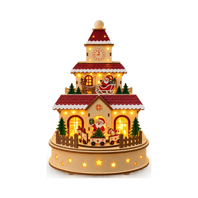 Torre natalizia luminosa Garden Team in legno con orologio, Babbo Natale, renna, trenino e luci LED calde