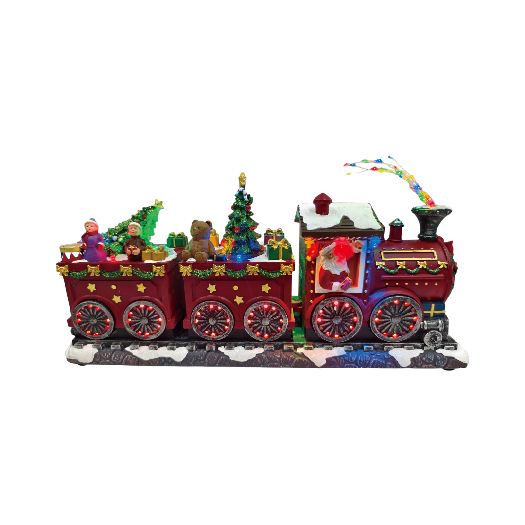 Treno natalizio decorativo illuminato con Babbo Natale, bambini, orsetti, regali e alberi di Natale sui vagoni