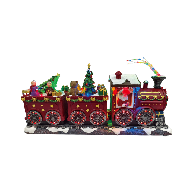 Treno natalizio decorativo illuminato con Babbo Natale, bambini, orsetti, regali e alberi di Natale sui vagoni