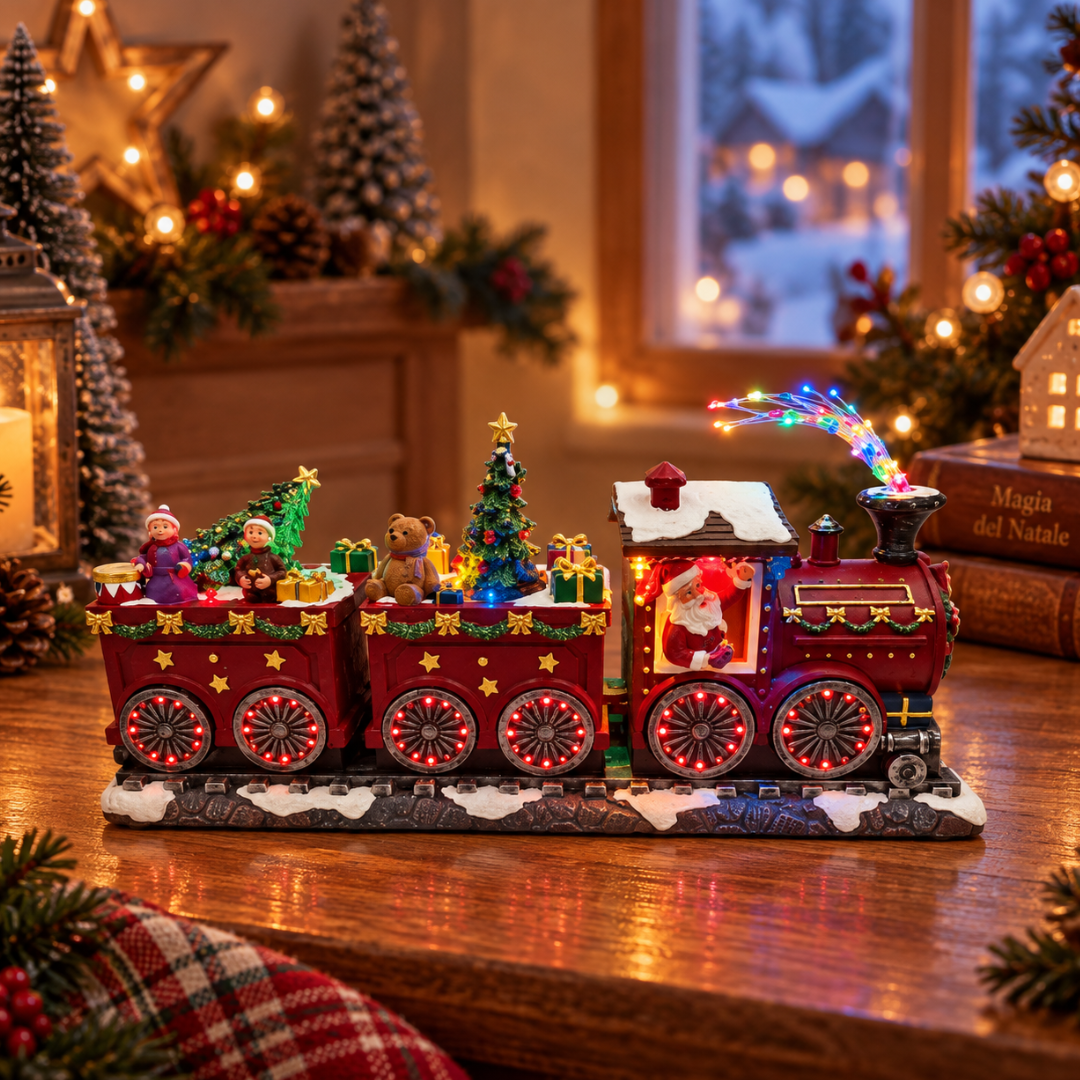 Treno natalizio decorativo illuminato con Babbo Natale, bambini, orsetto, alberi e pacchi regalo, ambientato con decorazioni di Natale