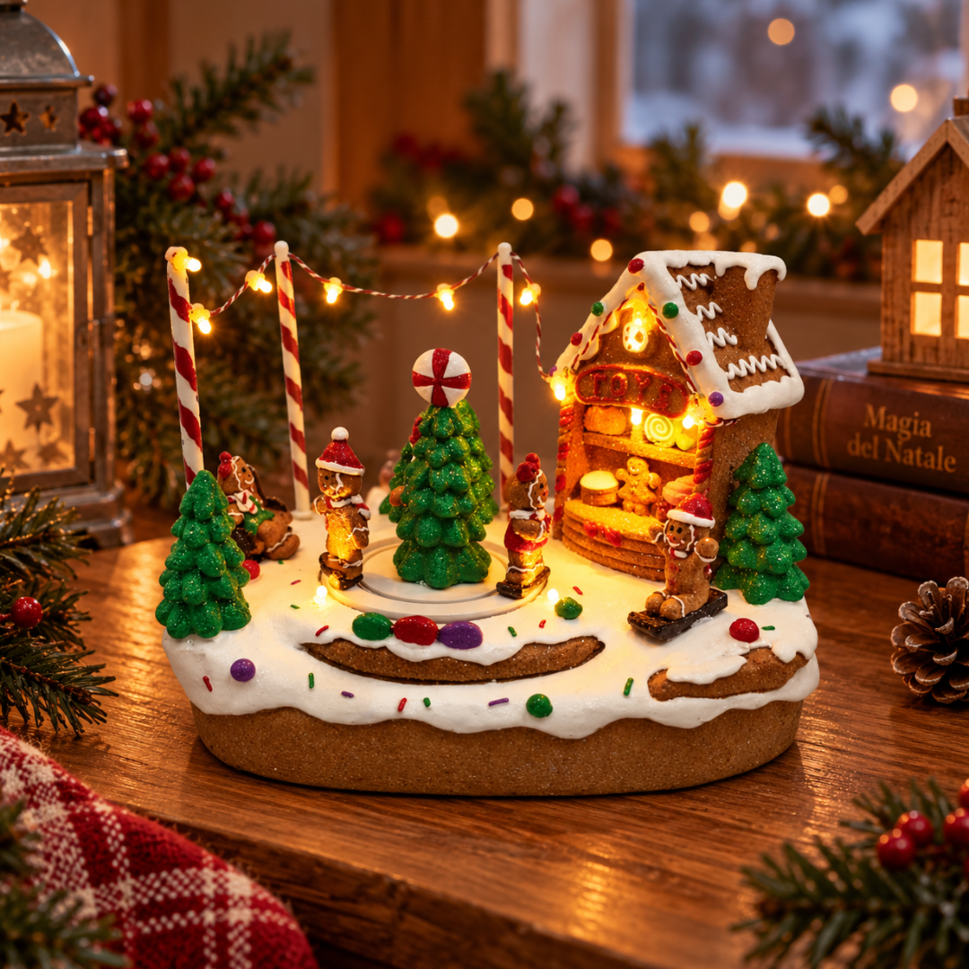 Villaggio natalizio a tema pan di zenzero illuminato con casetta, personaggi, alberi e decorazioni a forma di dolci, ambientato su un tavolo natalizio