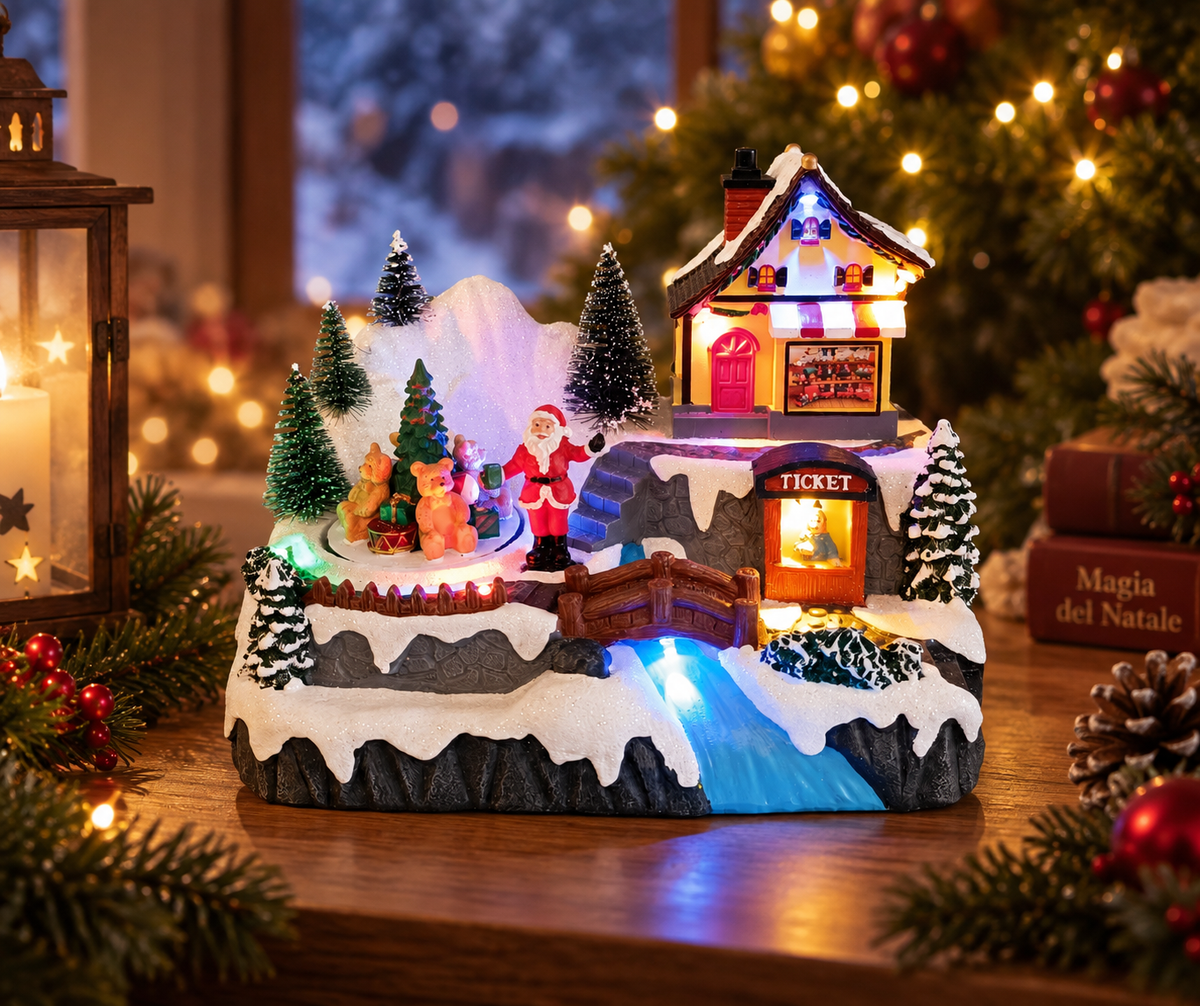 Villaggio natalizio innevato illuminato con Babbo Natale, renne, casetta, biglietteria, ponte e ruscello, ambientato con albero di Natale