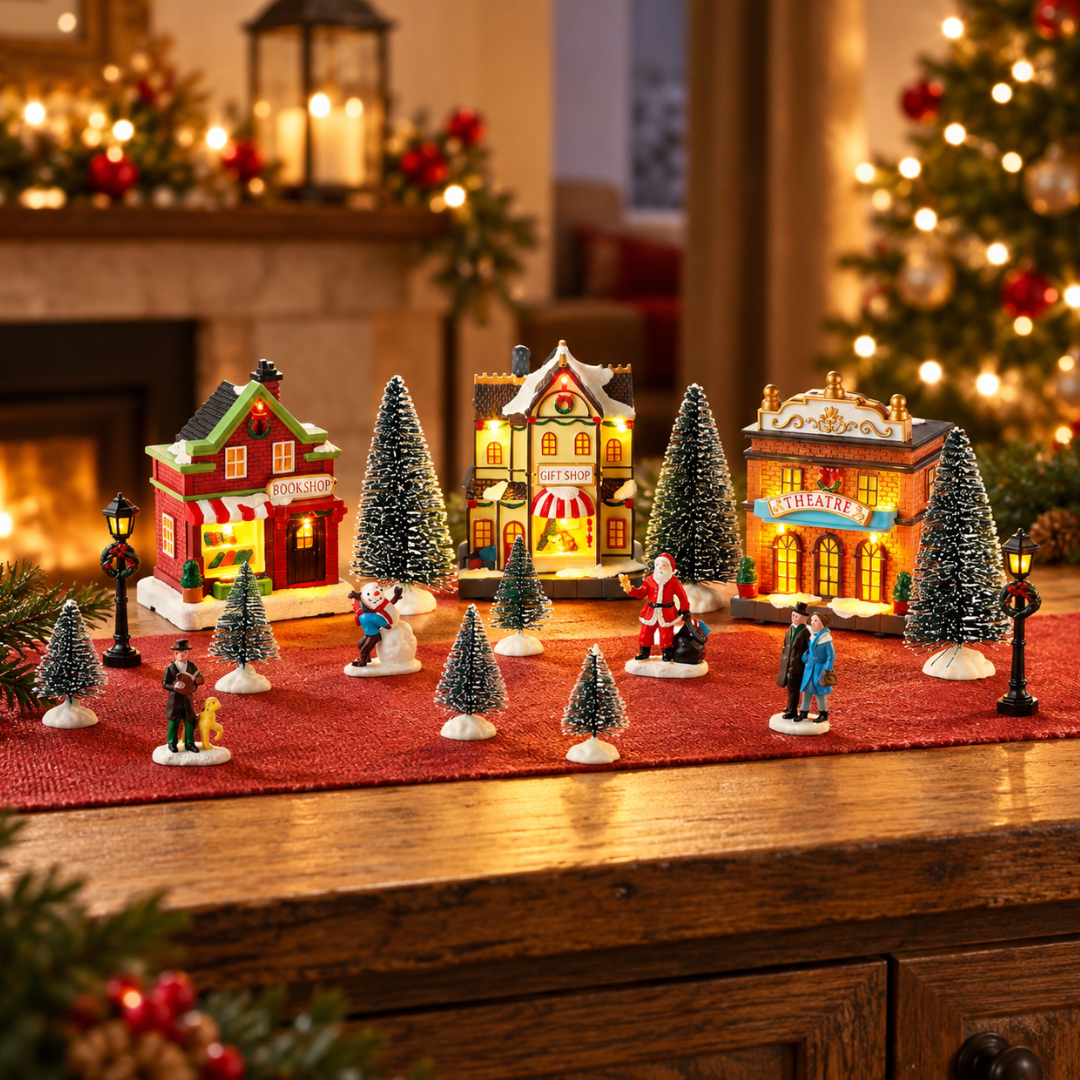 Villaggio natalizio illuminato con casette, abeti e personaggi, ambientato su un mobile in un'accogliente casa decorata per Natale