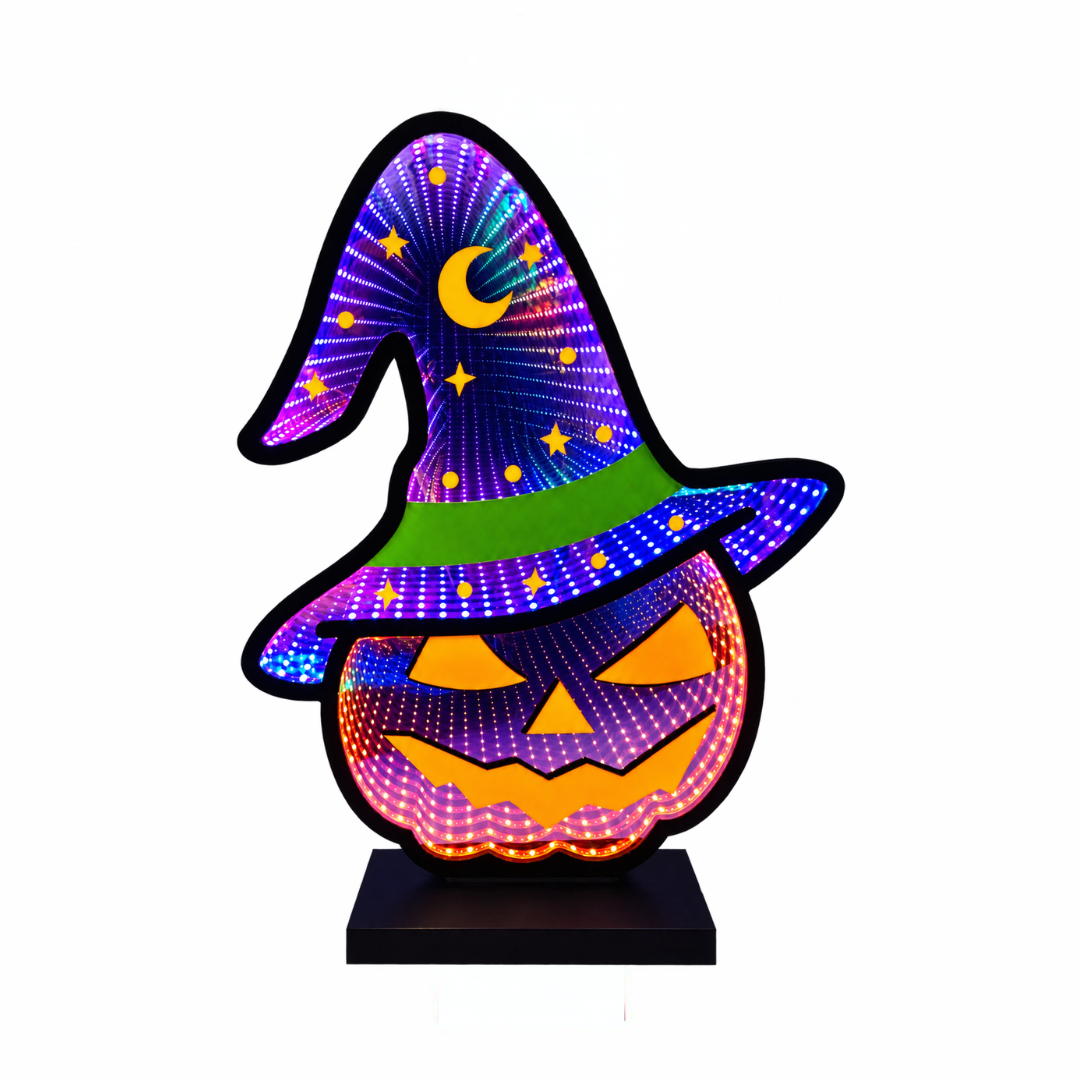Decorazione luminosa Infinity di Halloween a forma di zucca con cappello da strega, luna e stelle
