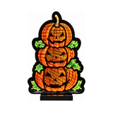 Decorazione luminosa Halloween con tre zucche arancioni sovrapposte, foglie verdi illuminate e base nera