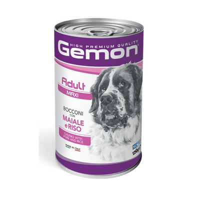 Barattolo Gemon High Premium Quality per cani adulti di taglia maxi, varietà bocconi con maiale e riso, made in Italy, 1250g.