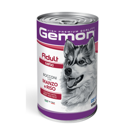 Barattolo Gemon con illustrazione di husky, cibo umido per cani adulti maxi, bocconi con manzo e riso, prodotto italiano, 1250g.