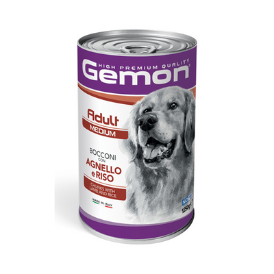 Lattina Gemon per cani adulti medium, bocconi con agnello e riso, 1250g, made in Italy, con illustrazione di cane in bianco e nero.