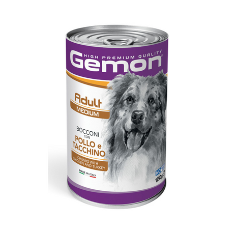 Barattolo Gemon con cane a pelo lungo, cibo umido per cani adulti medium, bocconi con pollo e tacchino, made in Italy, 1250g.