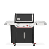 Barbecue a gas Weber Genesis EPX-335W nero e inox visto frontalmente con ripiani laterali