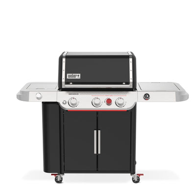 Barbecue a gas Weber Genesis EPX-335W nero e inox visto frontalmente con ripiani laterali