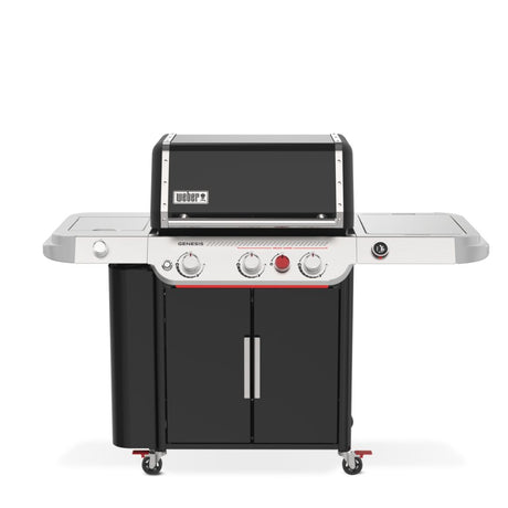 Barbecue a gas Weber Genesis EPX-335W nero e inox visto frontalmente con ripiani laterali