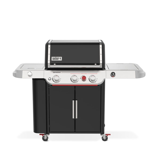 Barbecue a gas Weber Genesis EPX-335W nero e inox visto frontalmente con ripiani laterali