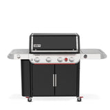 Barbecue a gas Weber Genesis EPX-435W nero e inox visto frontalmente con ripiani laterali aperti