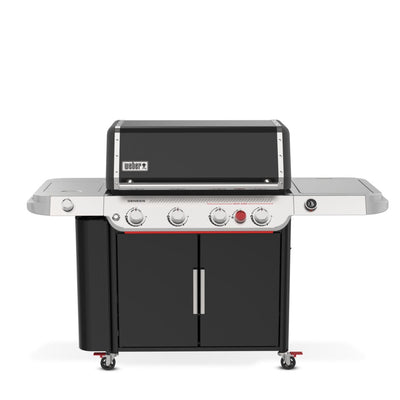 Barbecue a gas Weber Genesis EPX-435W nero e inox visto frontalmente con ripiani laterali aperti