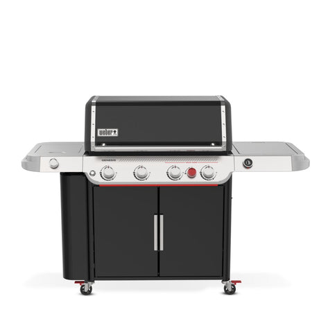 Barbecue a gas Weber Genesis EPX-435W nero e inox visto frontalmente con ripiani laterali aperti