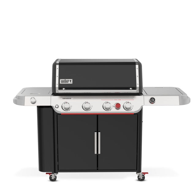 Barbecue a gas Weber Genesis EPX-435W nero e inox visto frontalmente con ripiani laterali aperti