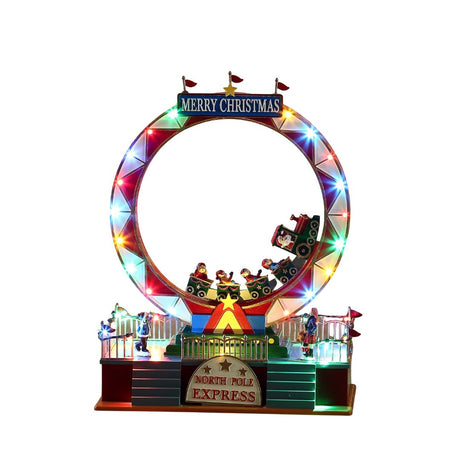 Giostra natalizia illuminata a LED con trenino North Pole Express che percorre un anello colorato con insegna Merry Christmas.