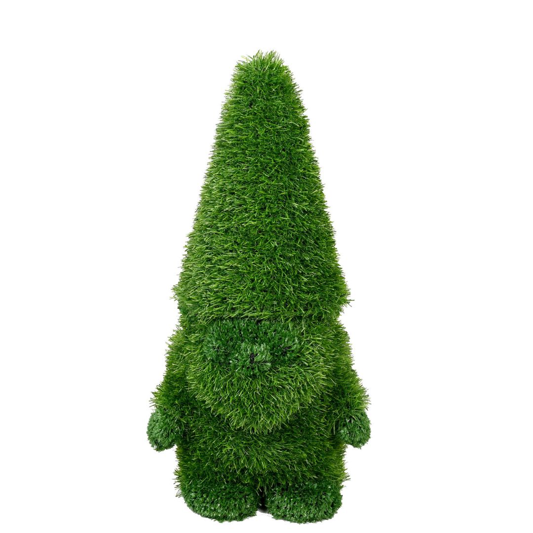Gnomo decorativo in prato sintetico verde, con cappello alto a punta e lunga barba.