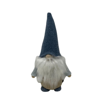 Decorazione natalizia a forma di gnomo con cappello a punta azzurro, lunga barba bianca e naso sporgente.