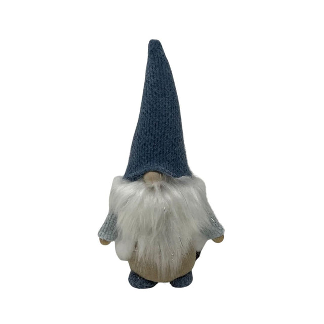 Decorazione natalizia a forma di gnomo con cappello a punta azzurro, lunga barba bianca e naso sporgente.