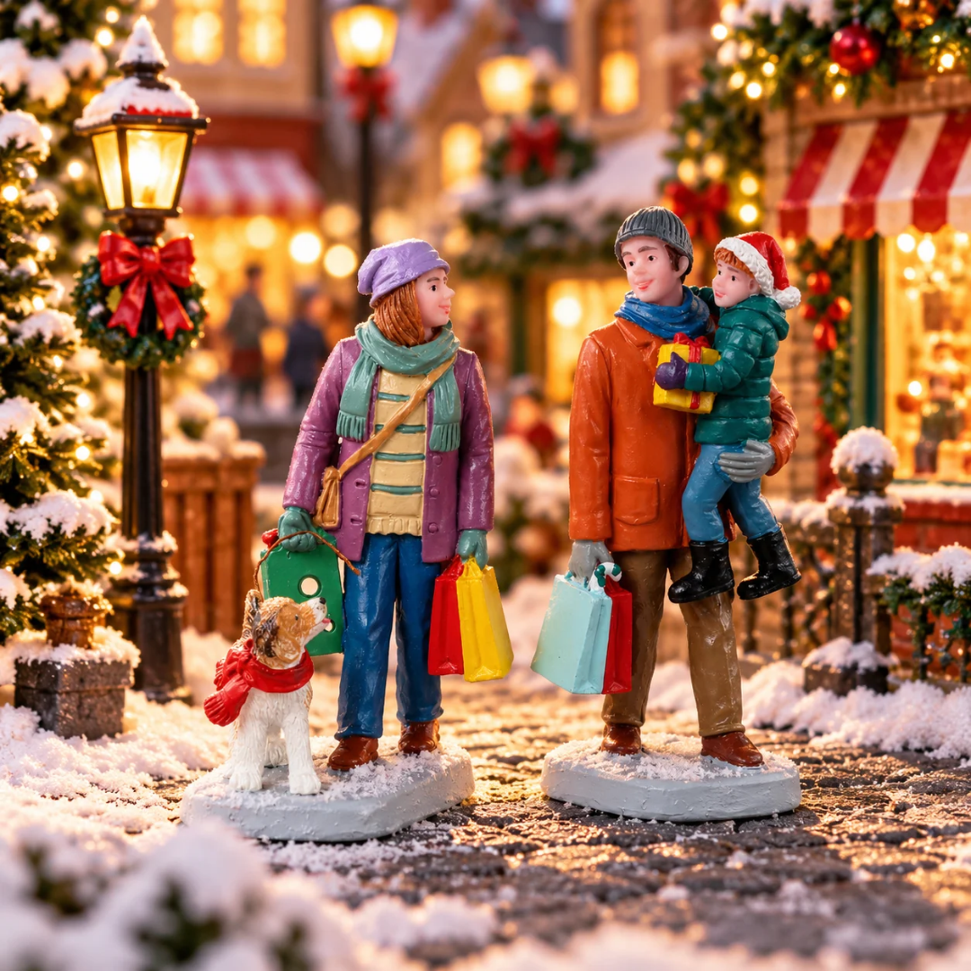 Holiday Shoppers con famiglia durante lo shopping natalizio: donna con borse e cane al guinzaglio, uomo con sacchetti e bambino in braccio con regalo ambientati in un villaggio natalizio Lemax.