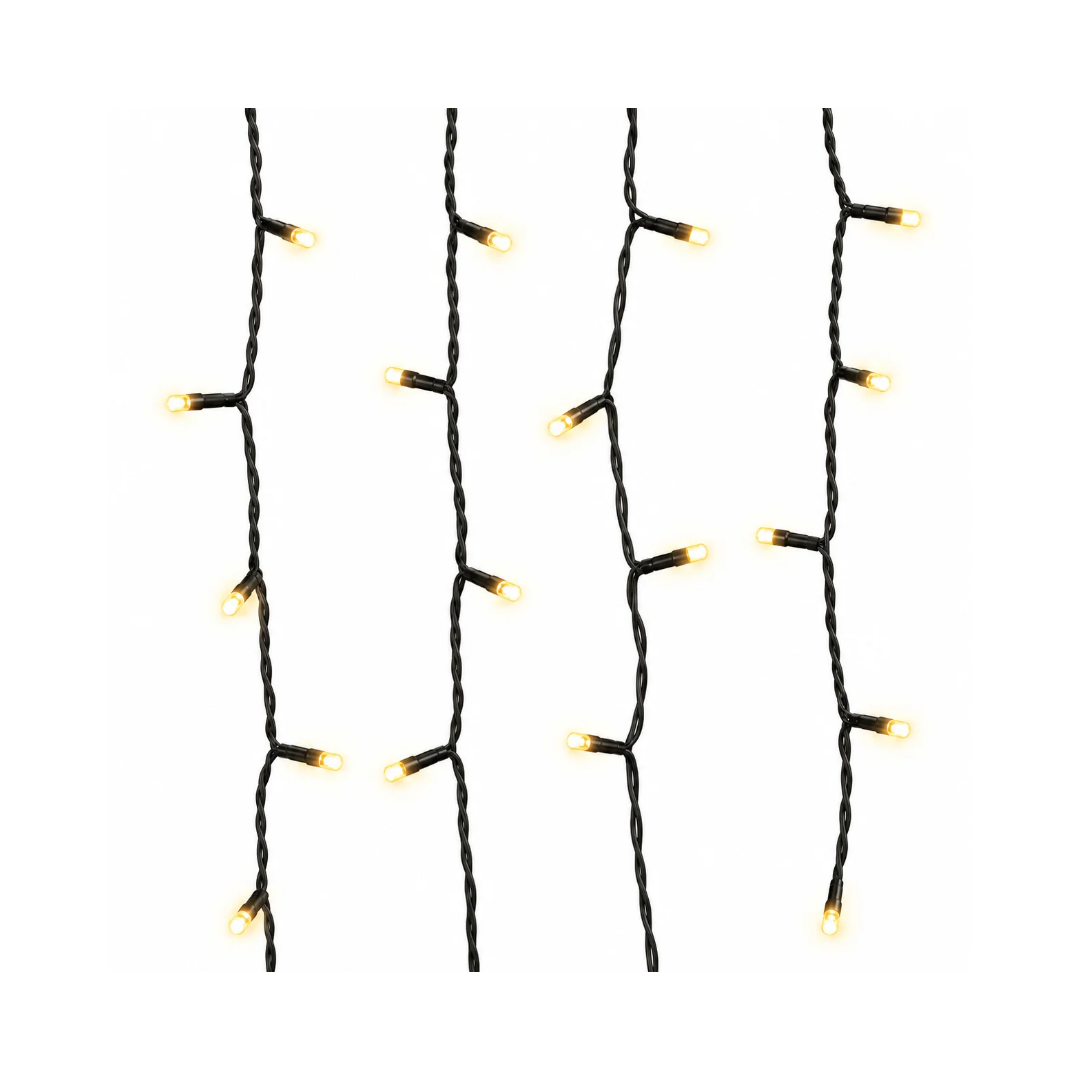 Dettaglio dei LED bianco caldo della tenda luminosa Ice Light con cavi neri intrecciati.