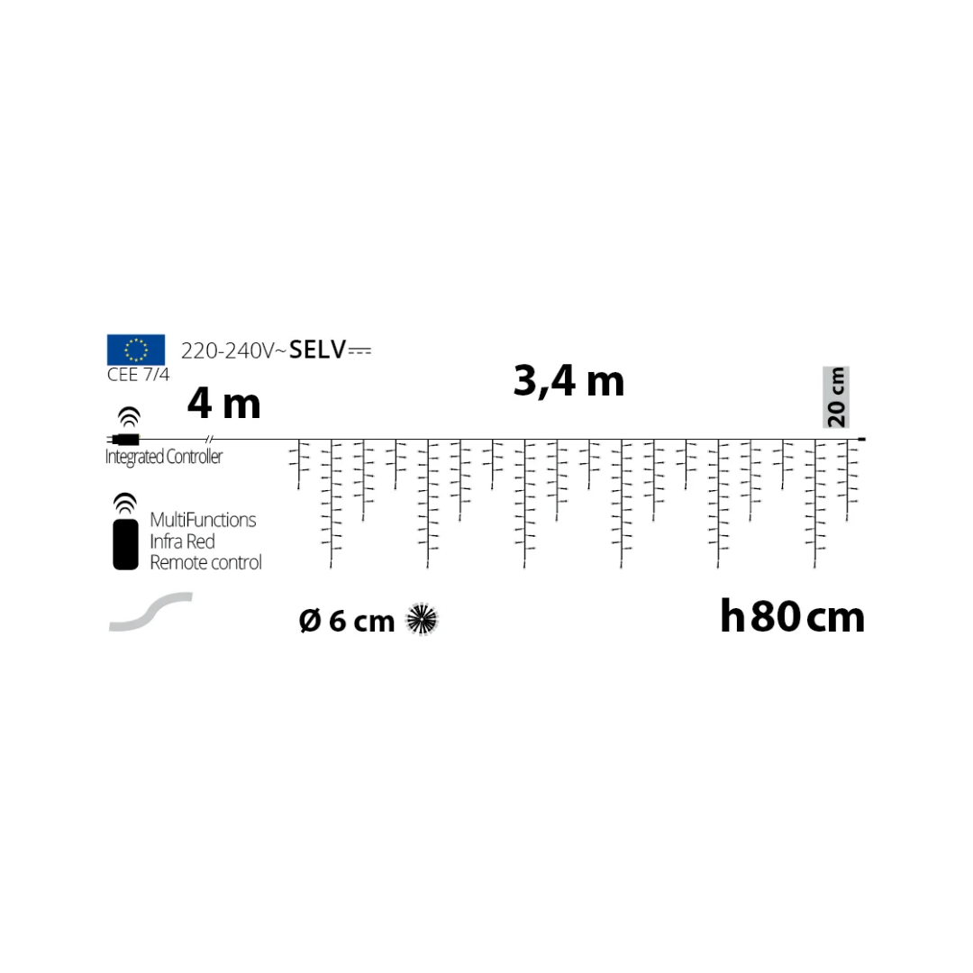 Schema tecnico Ice Light Lotti 340 × H80 cm, con cavo da 4 metri, fili pendenti e telecomando a infrarossi.