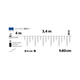 Schema tecnico Ice Light Lotti 340 × H80 cm, con cavo da 4 metri, fili pendenti e telecomando a infrarossi.
