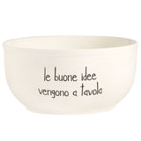 Insalatiera in grès bianca con scritta nera "Le buone idee vengono a tavola".