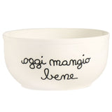 Insalatiera in grès bianca con scritta nera "Oggi mangio bene".