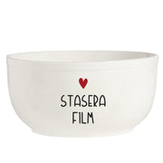 Insalatiera in grès con diametro 20 cm e decoro con cuoricino rosso e scritta "stasera film" in nero.