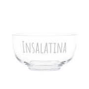 Insalatiera in vetro soffiato trasparente con scritta bianca "Insalatina" dal diametro di 22 cm.