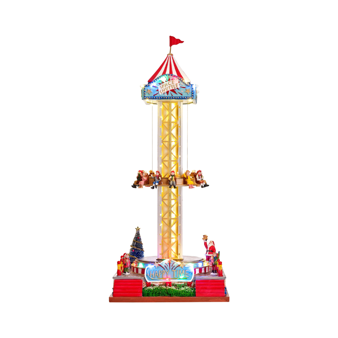 Giostra natalizia a torre Jumping Machine Garden Team illuminata, con sedili sospesi, personaggi, Babbo Natale e insegne Space Shuttle e Happy Time