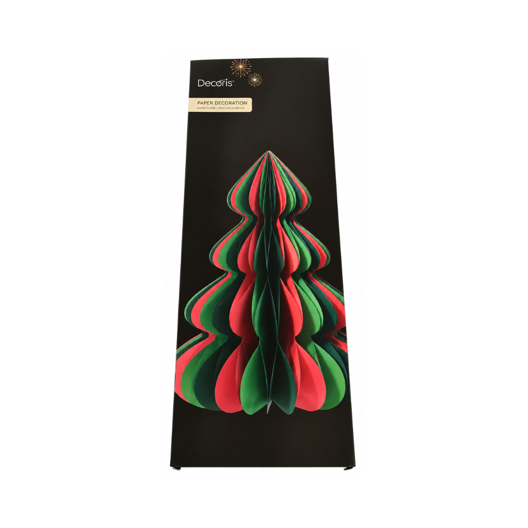 Albero di Natale in carta pieghettata rosso e verde nella confezione originale
