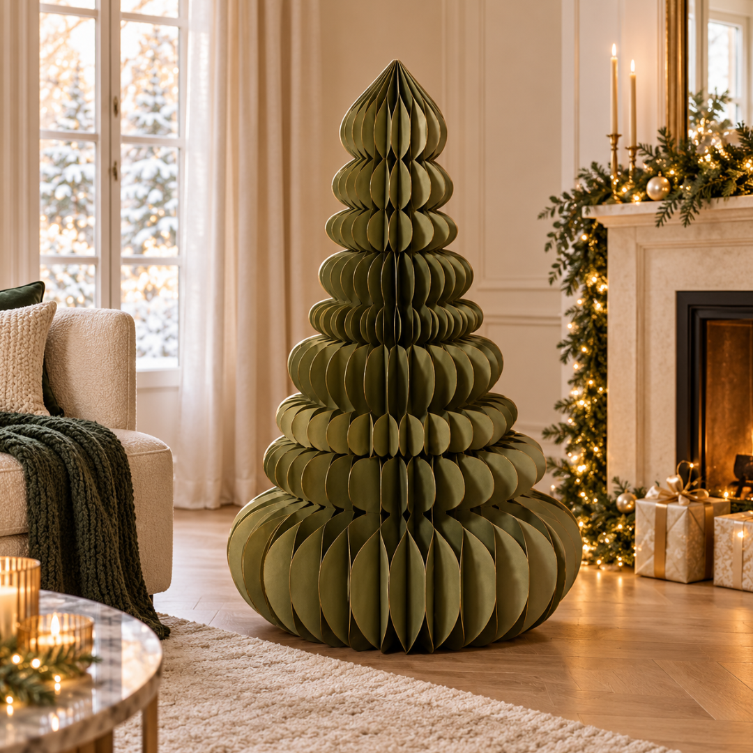 Albero di Natale in carta verde a nido d’ape ambientato in un elegante soggiorno decorato per le feste