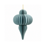 Decorazione natalizia sospesa in carta azzurra pieghettata, con forma allungata e cordino dorato