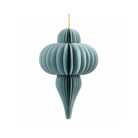 Decorazione natalizia sospesa in carta azzurra pieghettata, con forma allungata e cordino dorato