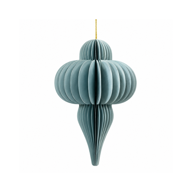 Decorazione natalizia sospesa in carta azzurra pieghettata, con forma allungata e cordino dorato