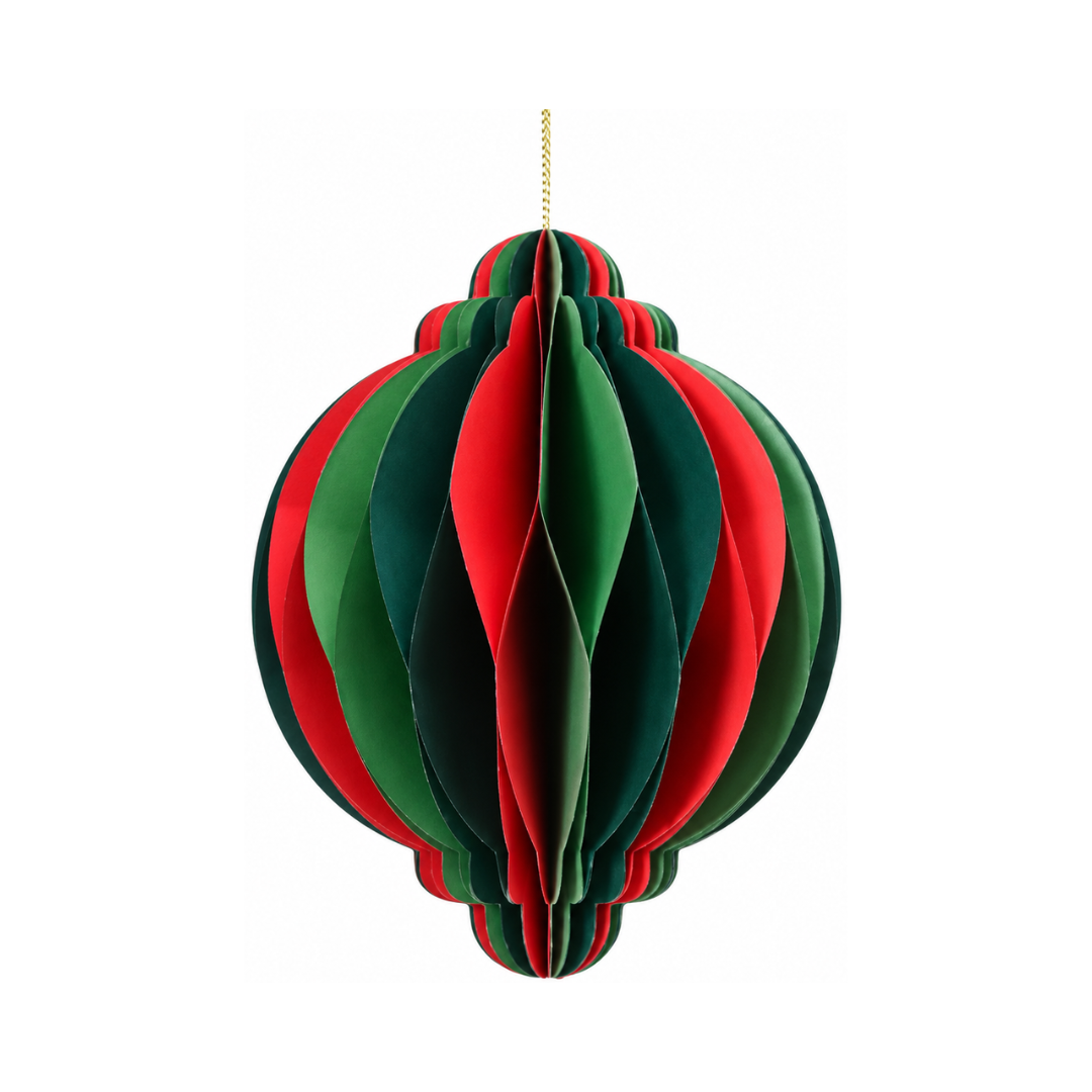 Pallina di Natale decorativa in carta pieghettata nei colori rosso e verde con cordino dorato