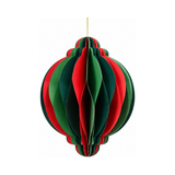 Pallina di Natale decorativa in carta pieghettata nei colori rosso e verde con cordino dorato