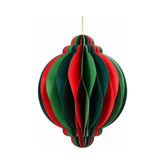 Pallina di Natale decorativa in carta pieghettata nei colori rosso e verde con cordino dorato